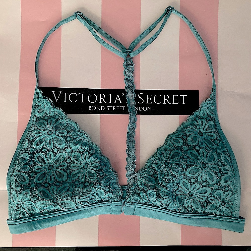 VICTORIA’S SECRET Aqua Green Blue Triangle Floral Lace Racerback Padded Bralette